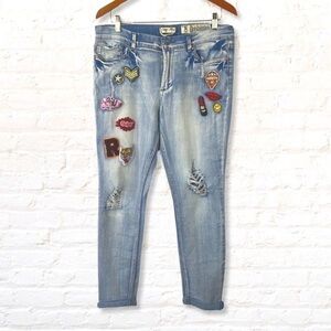 Indigo Rein Cuffed Jeans with Patches  Light Wash Junior Size 15